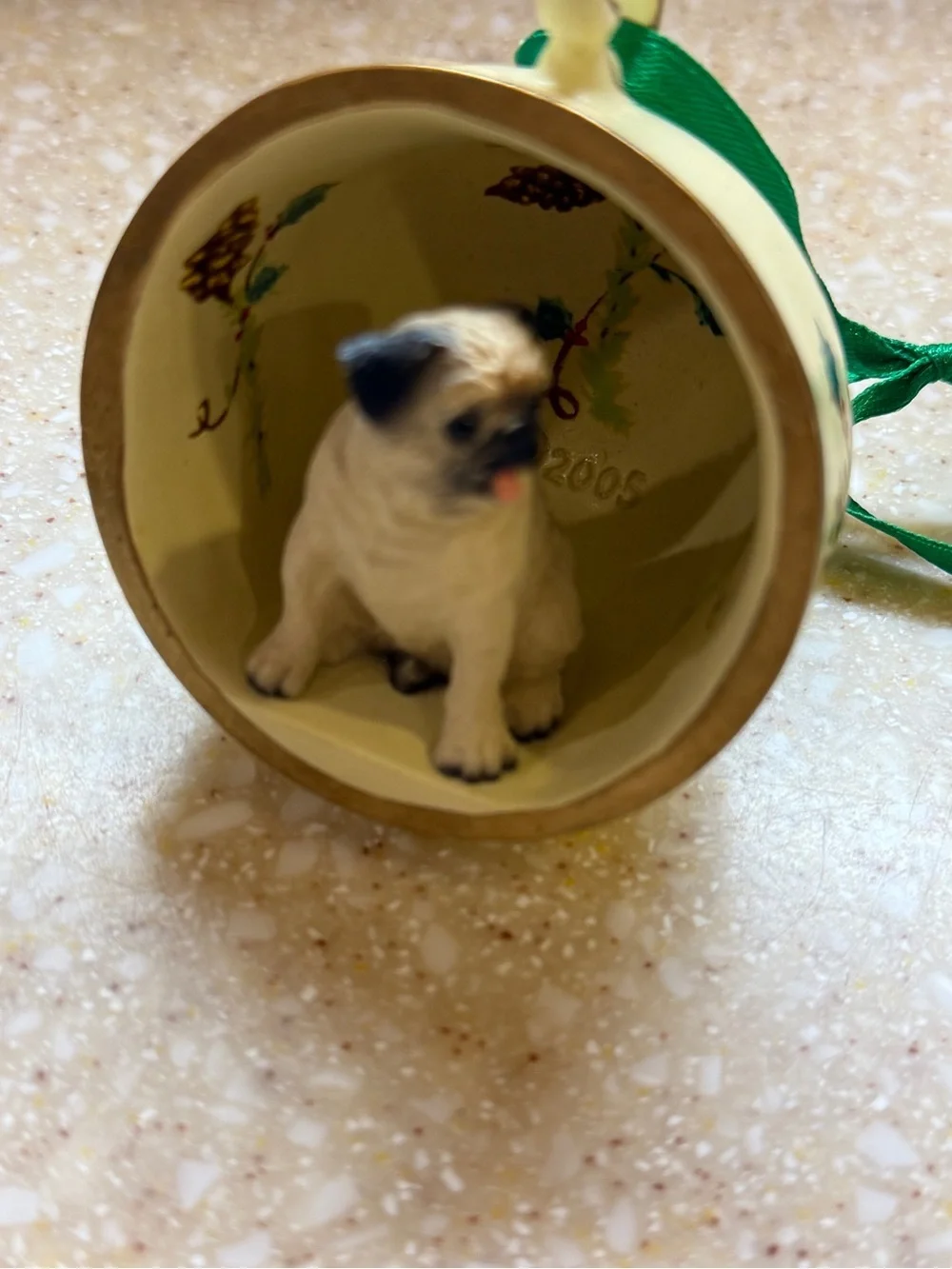 2005 Cream Decorative Holiday Teacup Christmas Ornament with Pug Dog Figurine